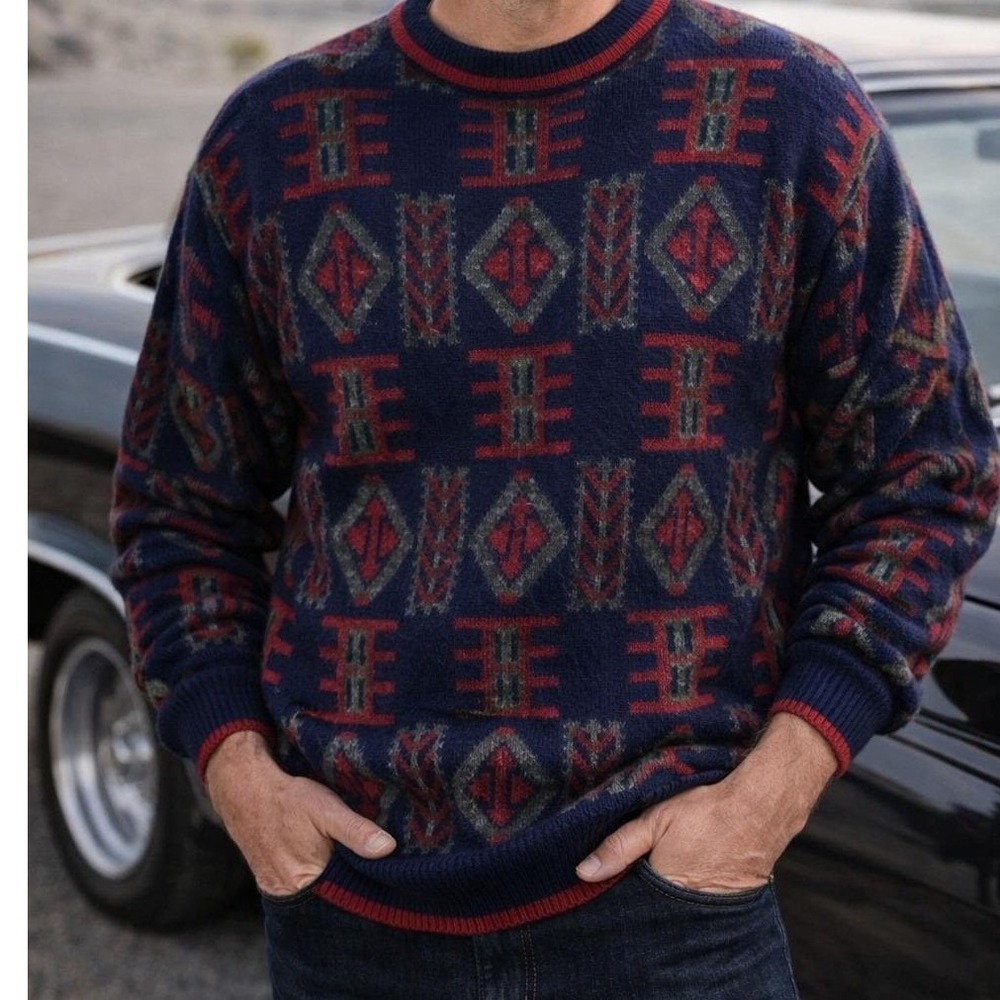 Vtg Mens Collectif Blue Chunky V Neck Sweater Sz M Grandpa Wool Blend Made Italy